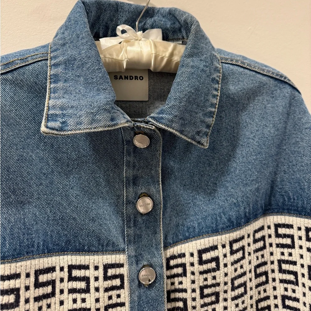 Sandro Blue and White Cropped Denim Jacket - Picture 7 of 10